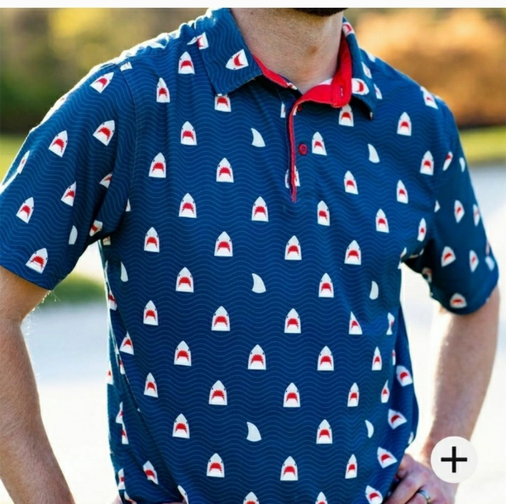 RSVLTS "Chomp" Shark Print All-Day Polo Large. Nwt. Breakfast Balls